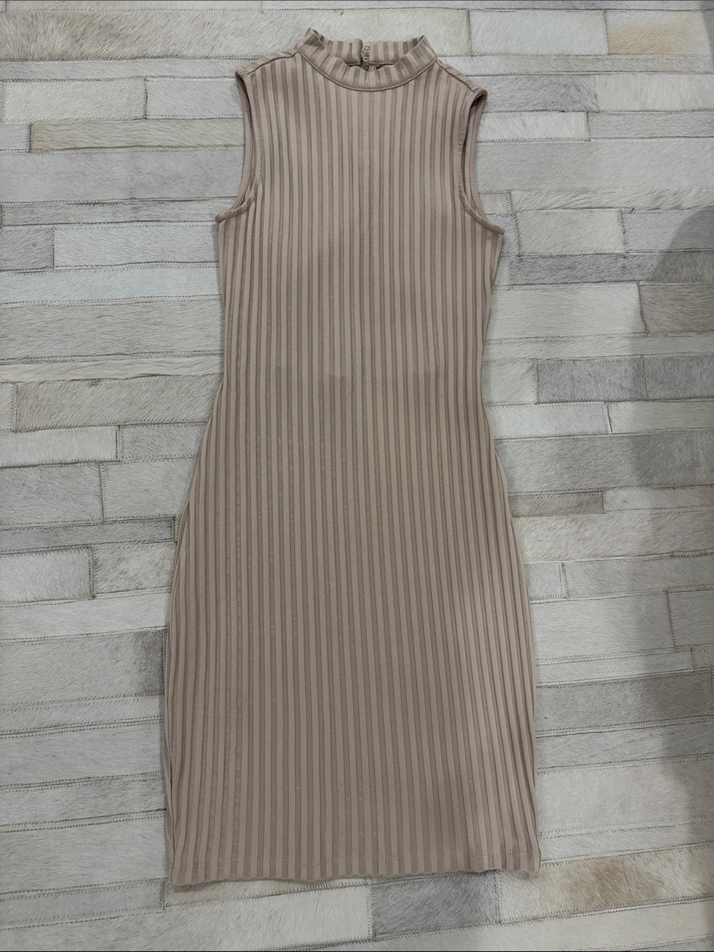 NBD Sleeveless Ribbed Mock-Neck Bodycon Dress in Taupe